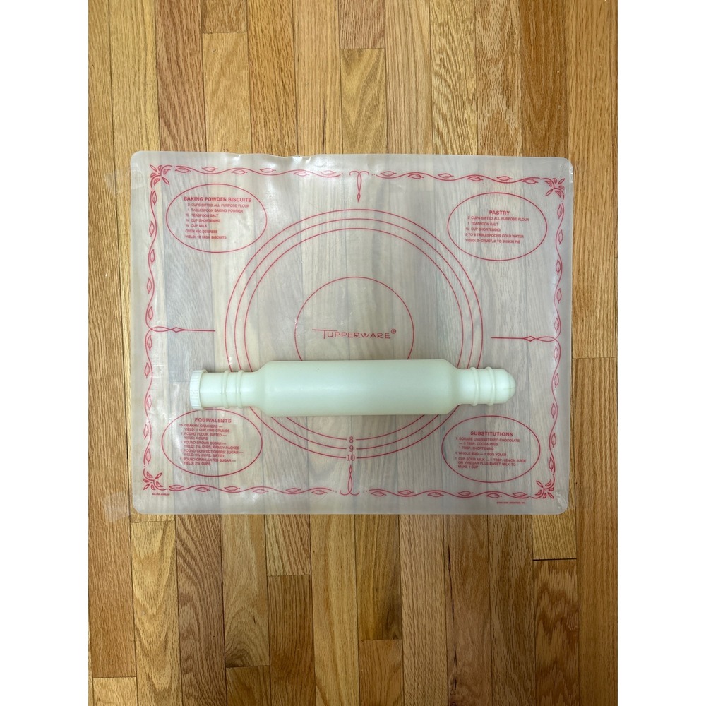 Vintage Tupperware Pastry Mat and Fillable Rolling Pin Set White Red MCM 1966